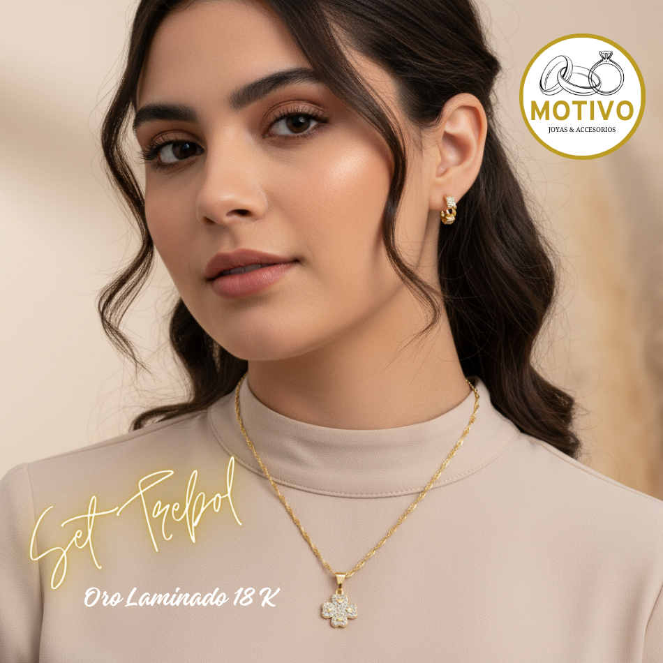 Set Trébol Cristal Oro laminado 18k🍀