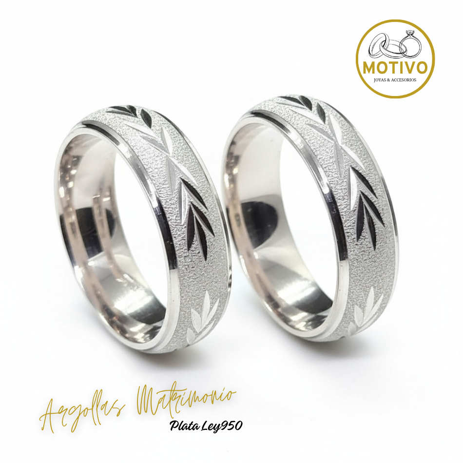 Argollas Matrimonio en Plata ley950 diseño Hojas Laurel