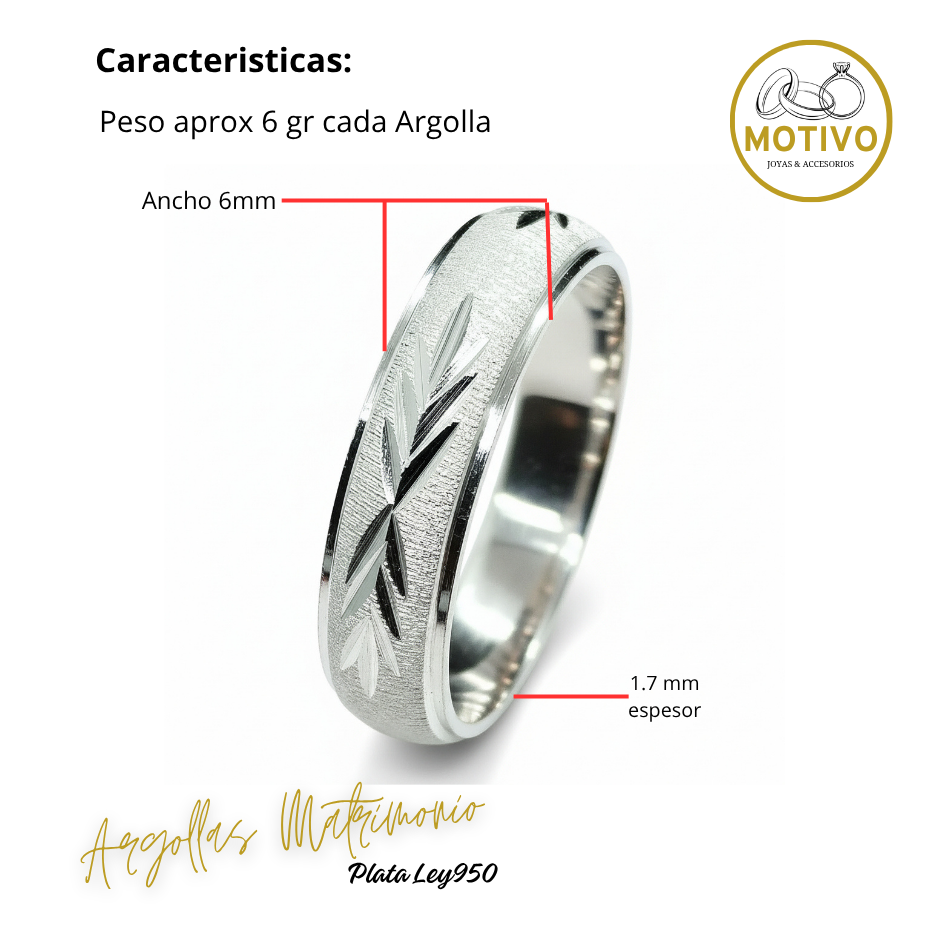Argollas Matrimonio en Plata ley950 diseño Hojas Laurel