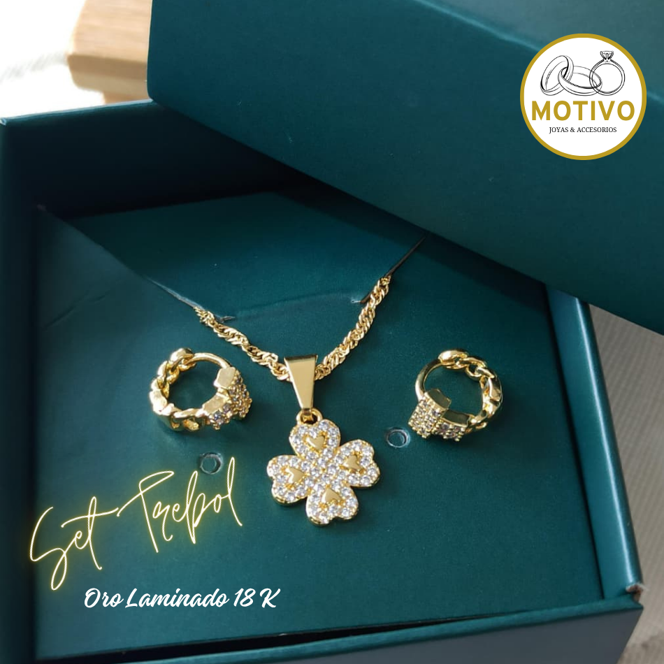 Set Trébol Cristal Oro laminado 18k🍀