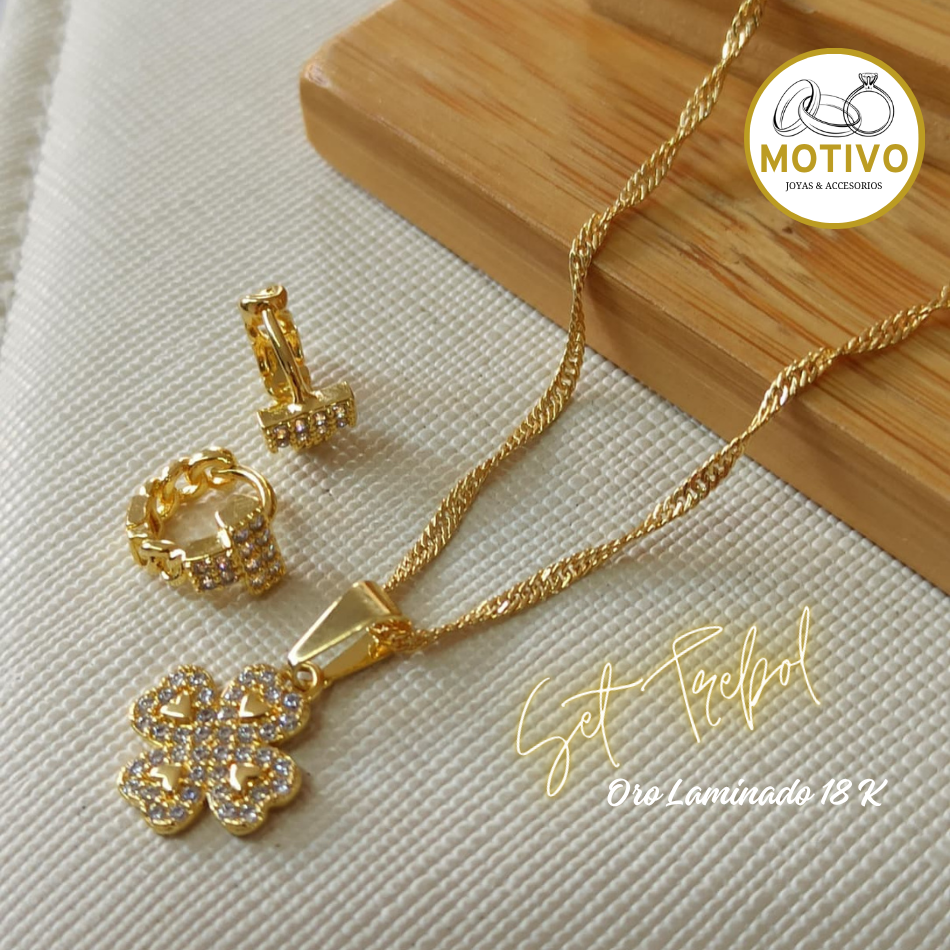 Set Trébol Cristal Oro laminado 18k🍀