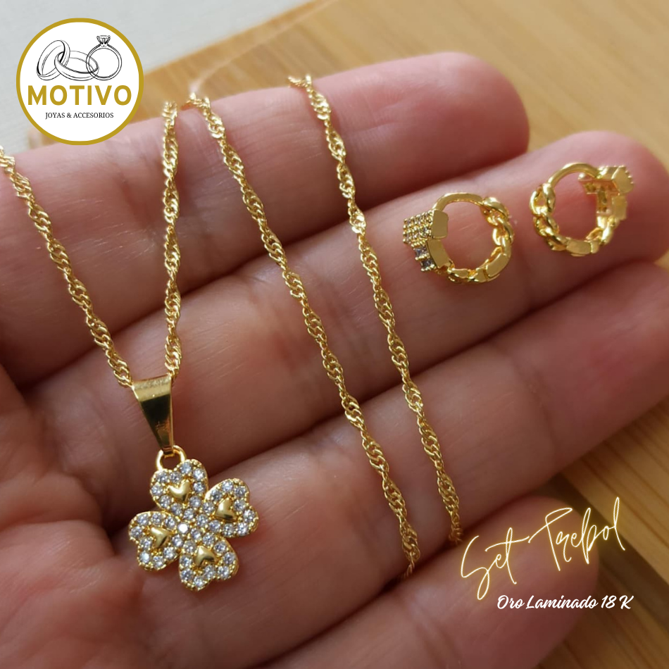 Set Trébol Cristal Oro laminado 18k🍀