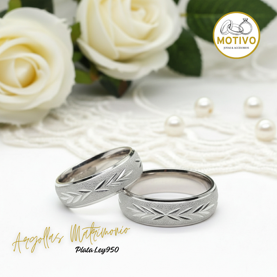 Argollas Matrimonio en Plata ley950 diseño Hojas Laurel